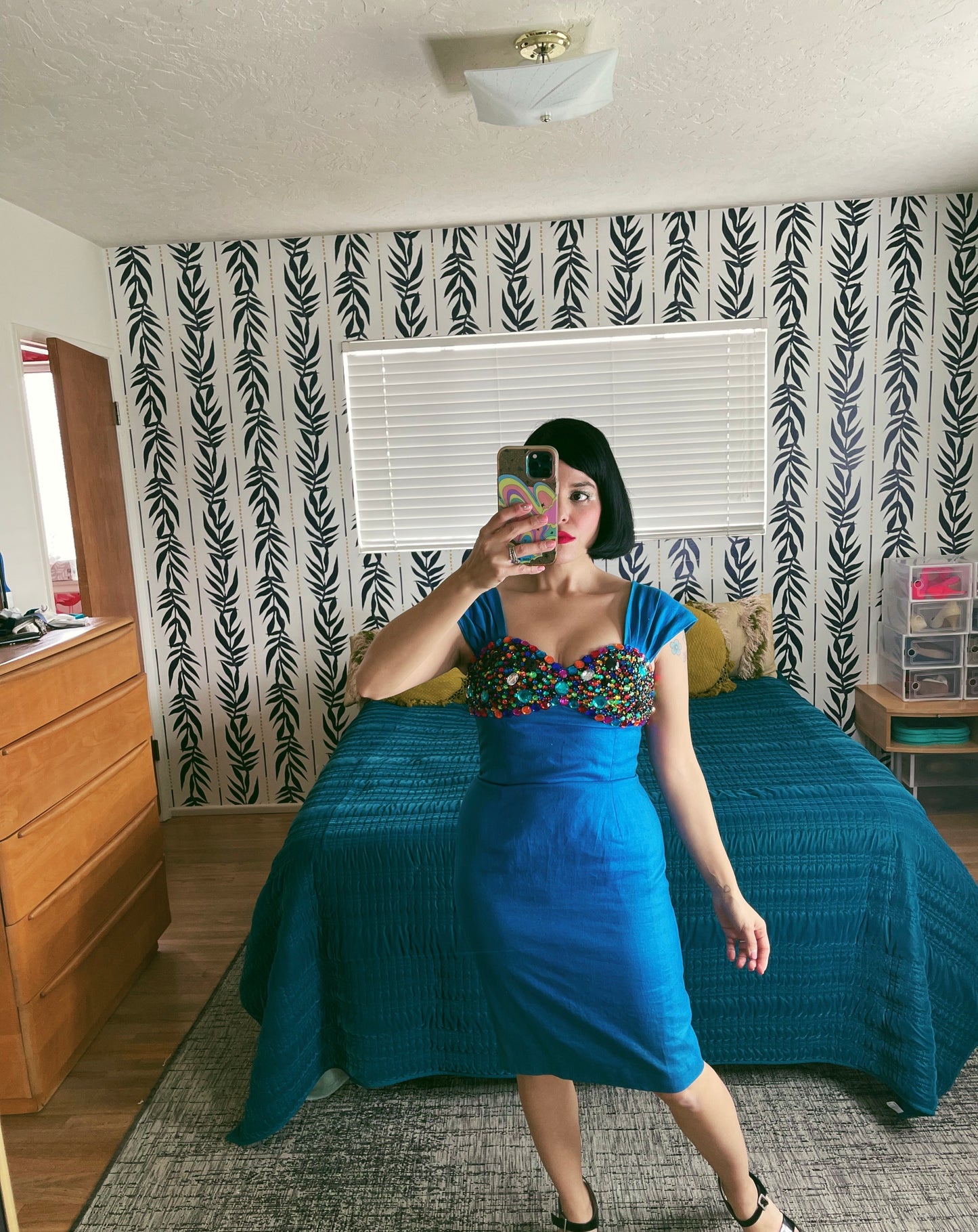 Vintage 80s / 90s Jeweled Wiggle Dress Fits Sizes XS-SM