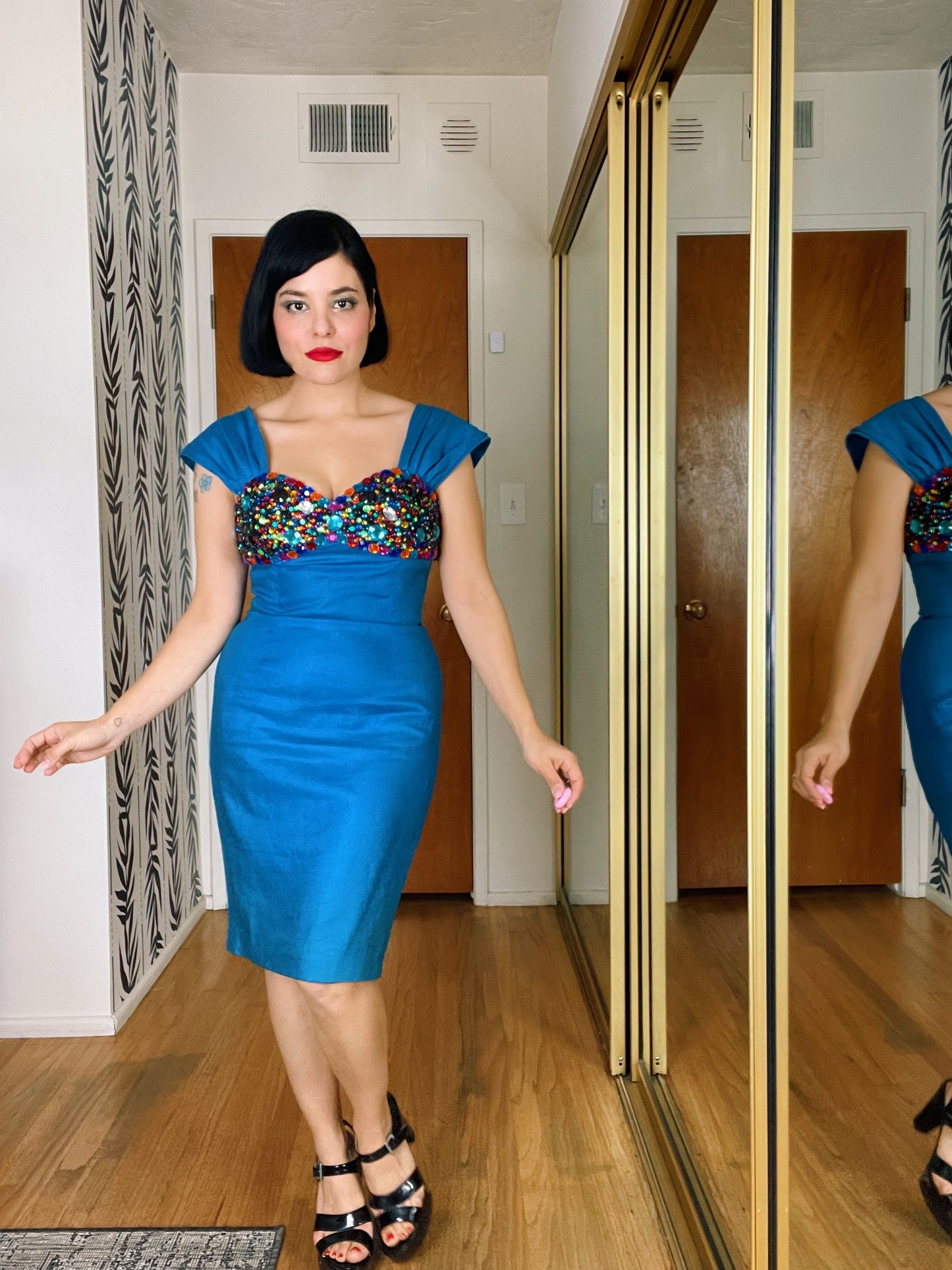 Vintage 80s / 90s Jeweled Wiggle Dress Fits Sizes XS-SM