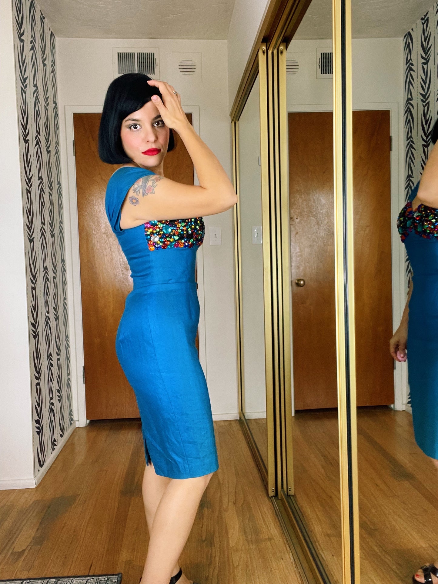 Vintage 80s / 90s Jeweled Wiggle Dress Fits Sizes XS-SM