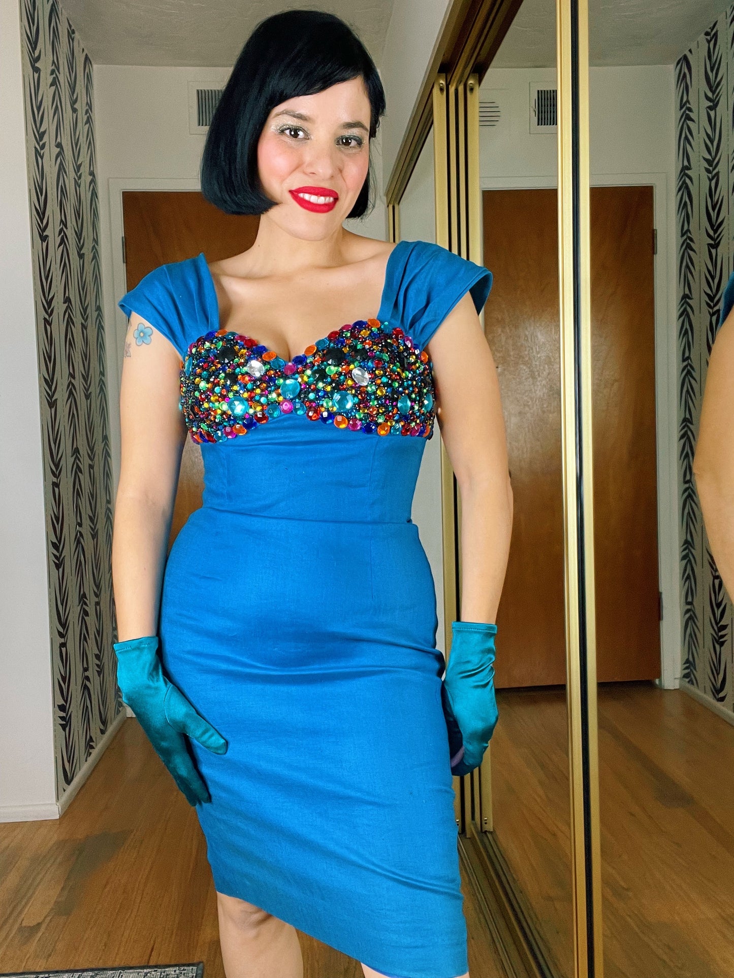 Vintage 80s / 90s Jeweled Wiggle Dress Fits Sizes XS-SM
