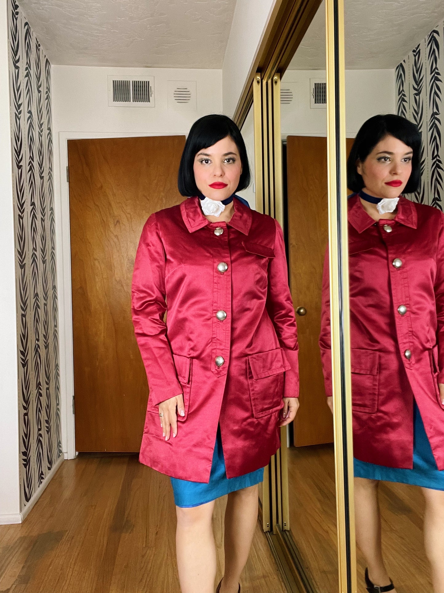 Vintage 60s Mod Raspberry Satin Silver Buttons Coat Fits Sizes XS-M