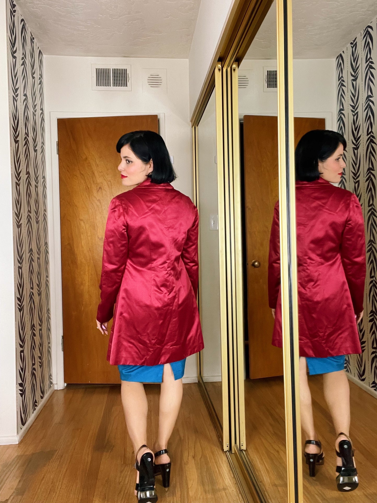 Vintage 60s Mod Raspberry Satin Silver Buttons Coat Fits Sizes XS-M