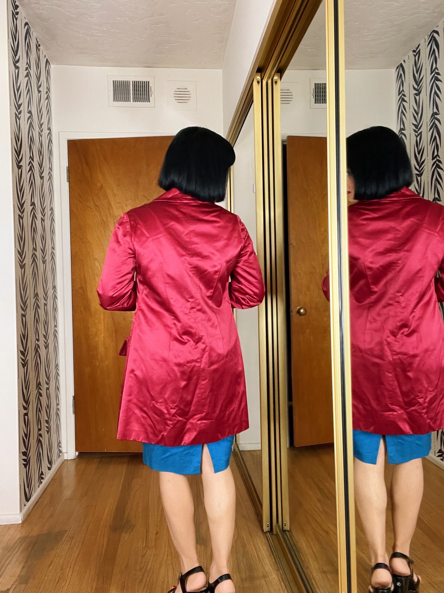 Vintage 60s Mod Raspberry Satin Silver Buttons Coat Fits Sizes XS-M