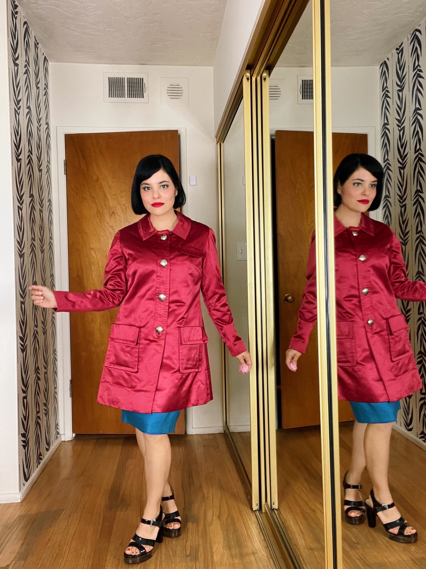 Vintage 60s Mod Raspberry Satin Silver Buttons Coat Fits Sizes XS-M