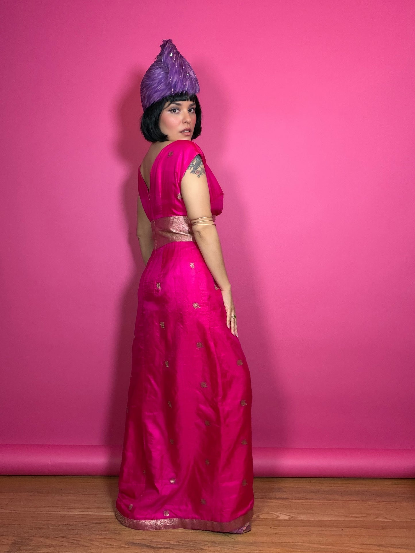 Vintage 60s Silk Fuchsia Pink & Gold Gown S-M