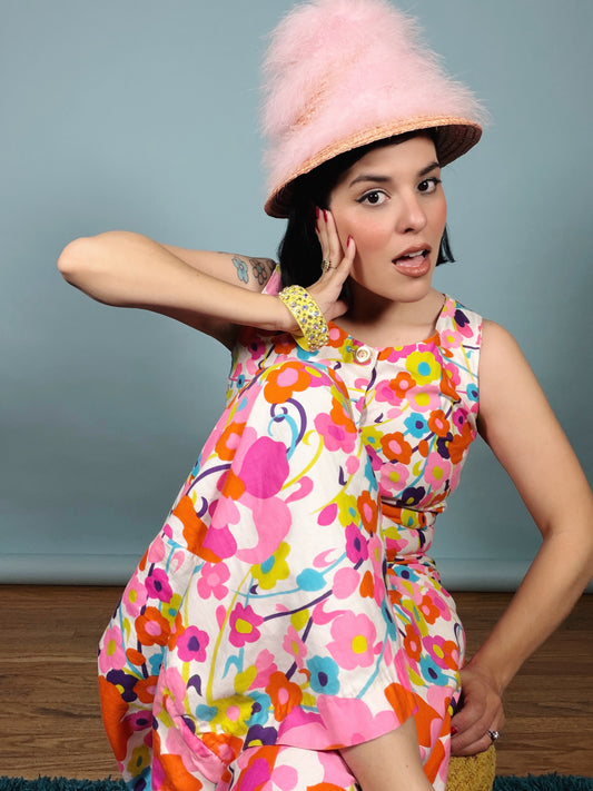 60s Carol Brent Floral Ultra Wide Leg Jumpsuit Fits XS-SM