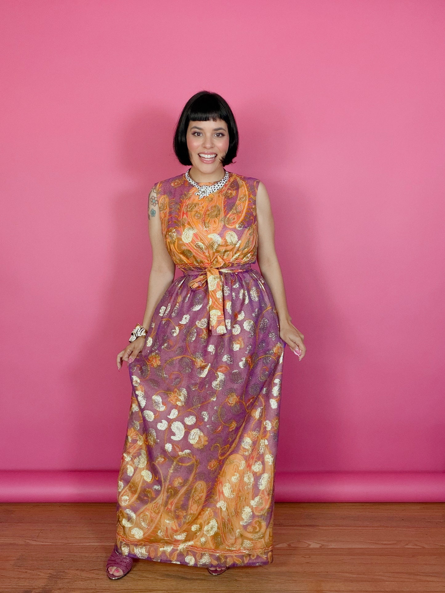 Vintage 60s Krist Sunset Ombre & Gold Paisley Gown Fits XS-SM & Possible size M