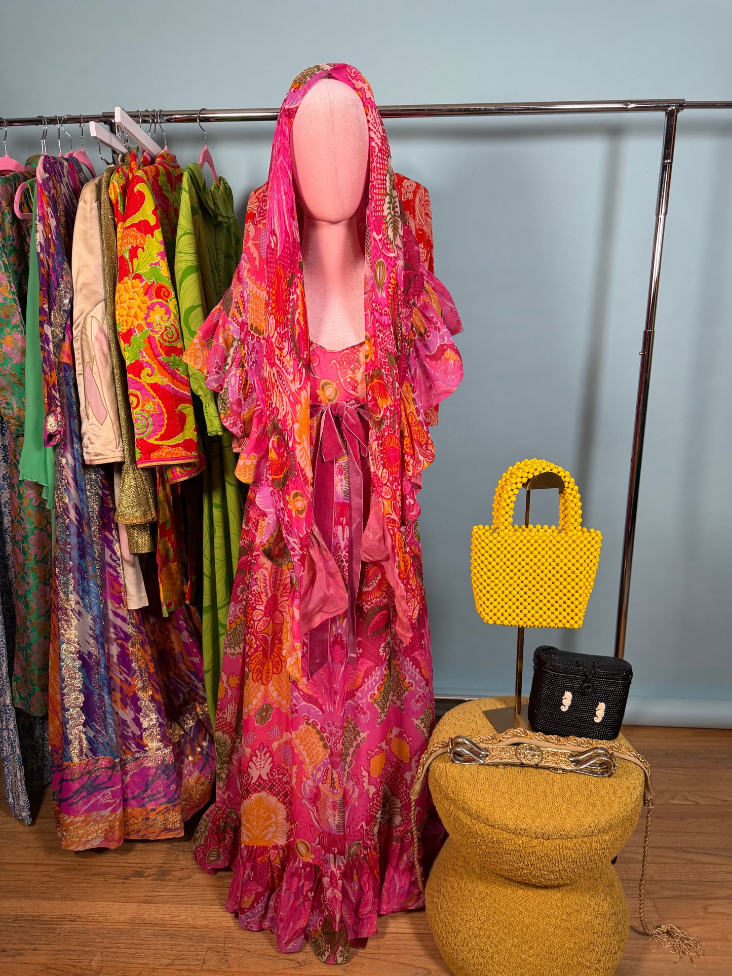 Vintage 60s Malcolm Starr Elinor Simmons Silk Chiffon Pink floral Psychedelic Maxi Gown & Shawl Fits XS-SM