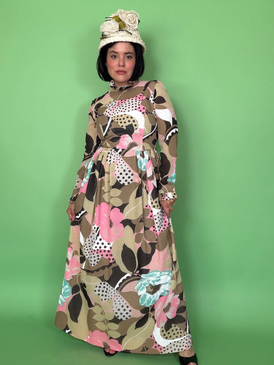 Vintage 60s Neutral Tone Psychedelic Maxi Dress XS-M
