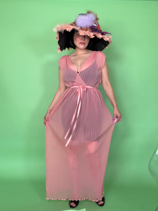 Vintage 50s /60s Pale Coral Sheer Pleated Gown by Colura Fits XS-M & Possible size L