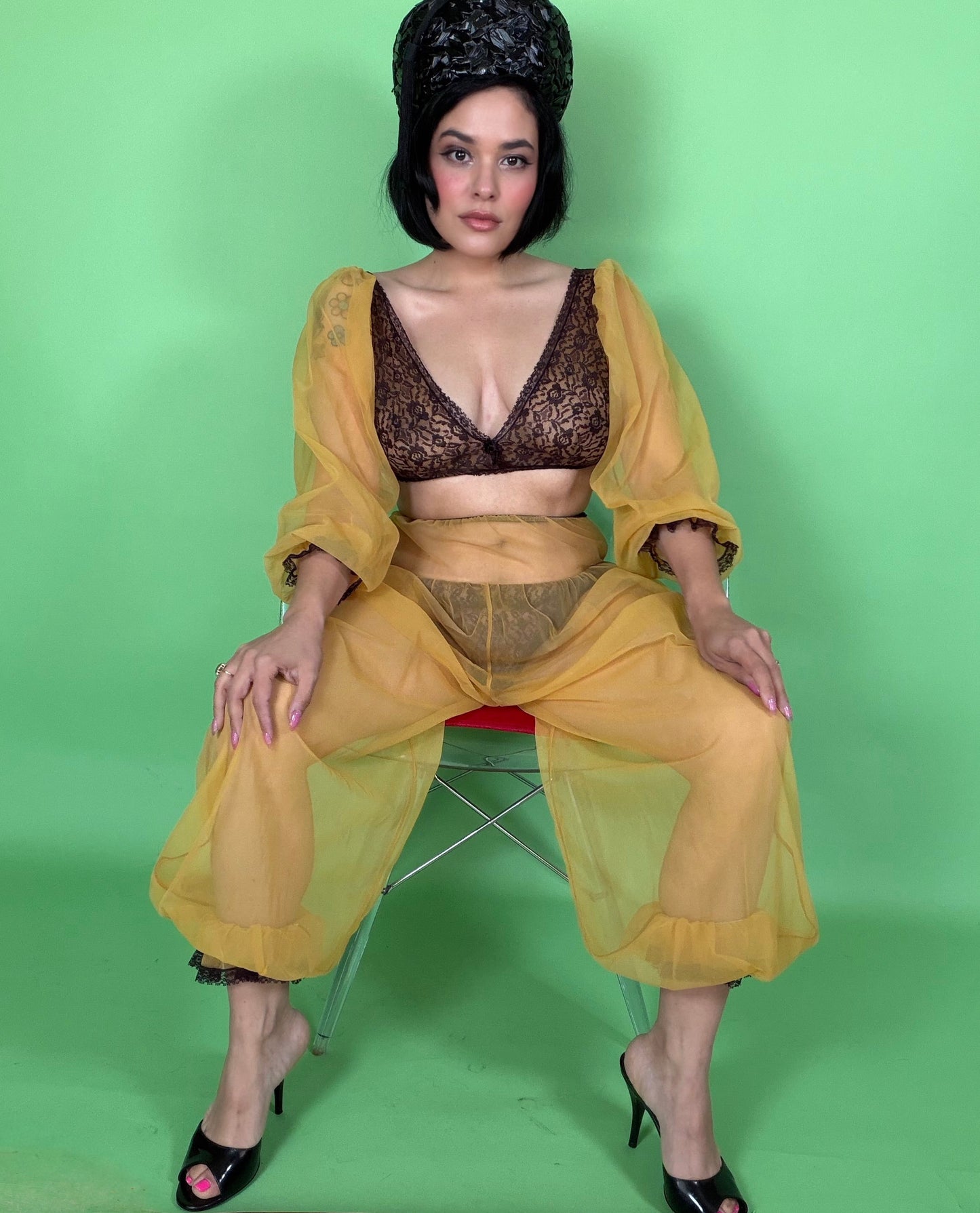 Vintage 60s Genie Mustard Sheer Chiffon Pant Set XS-M