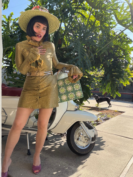 Vintage RARE 70s Betsey Johnson Paraphernalia Gold Metallic Bell Sleeve Mini Duster Dress XS-M