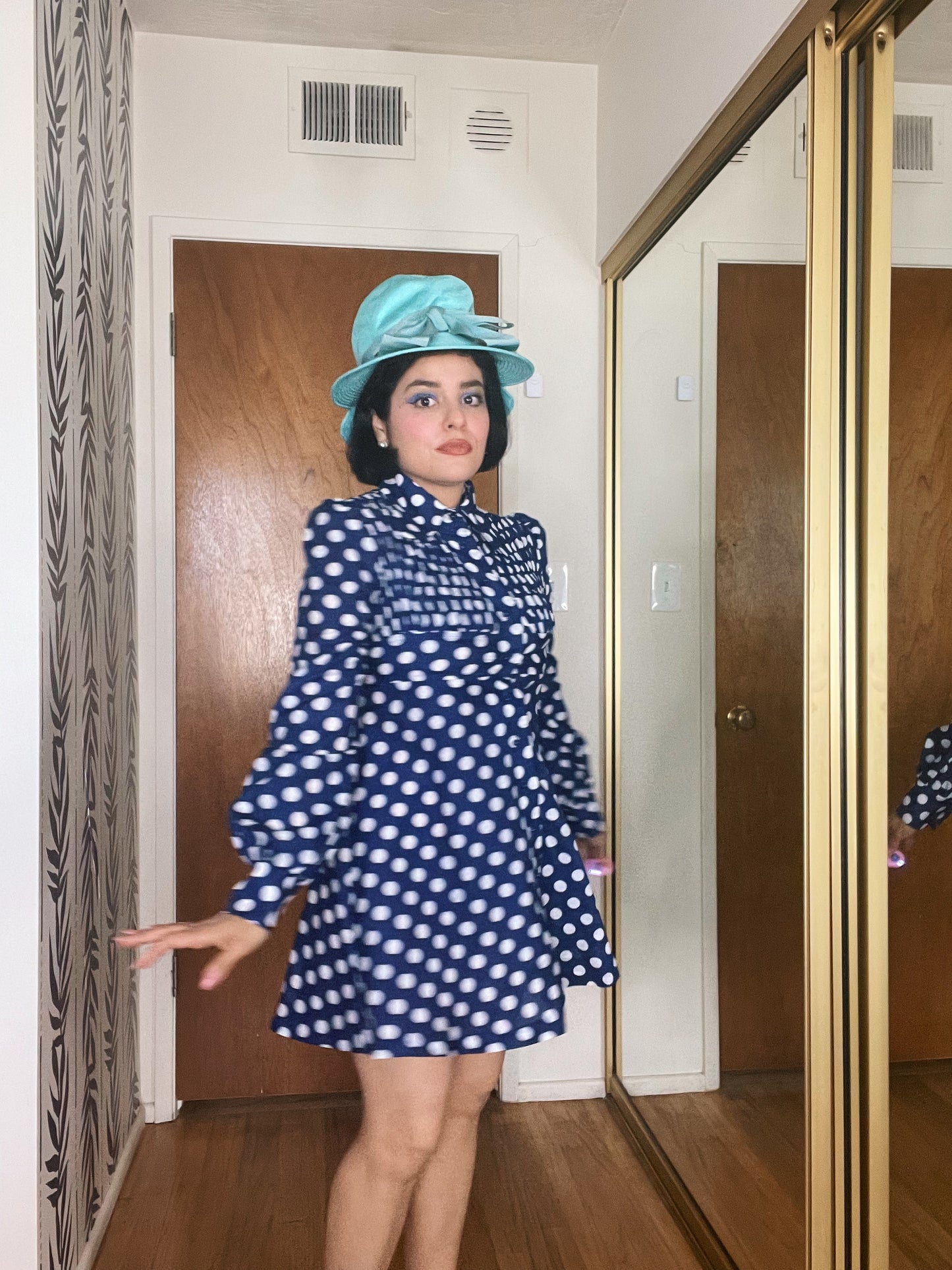 Vintage 60s MOD Navy Blue & White Polka Dot Cotton Oversized Collar Button Down Mini Dress Fits XS-SM