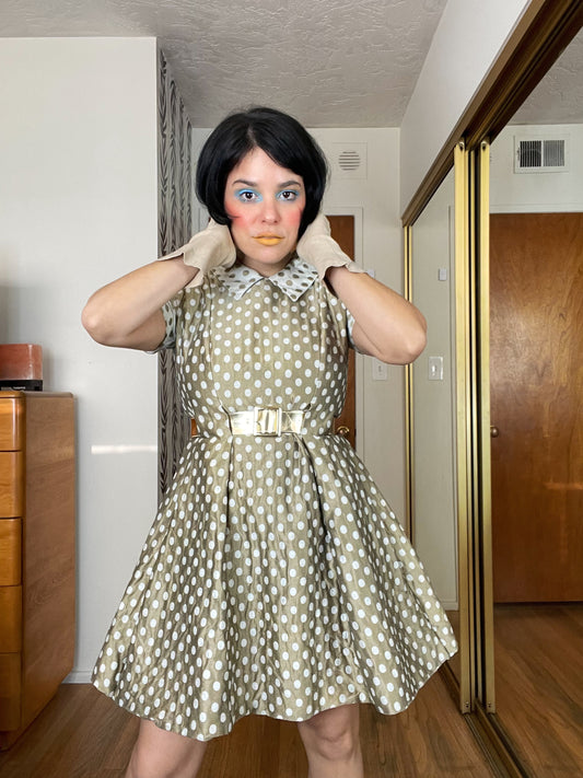 Vintage 60s Polka Dot Fit Flare Raw Silk Dress Fits Sizes XS-SM