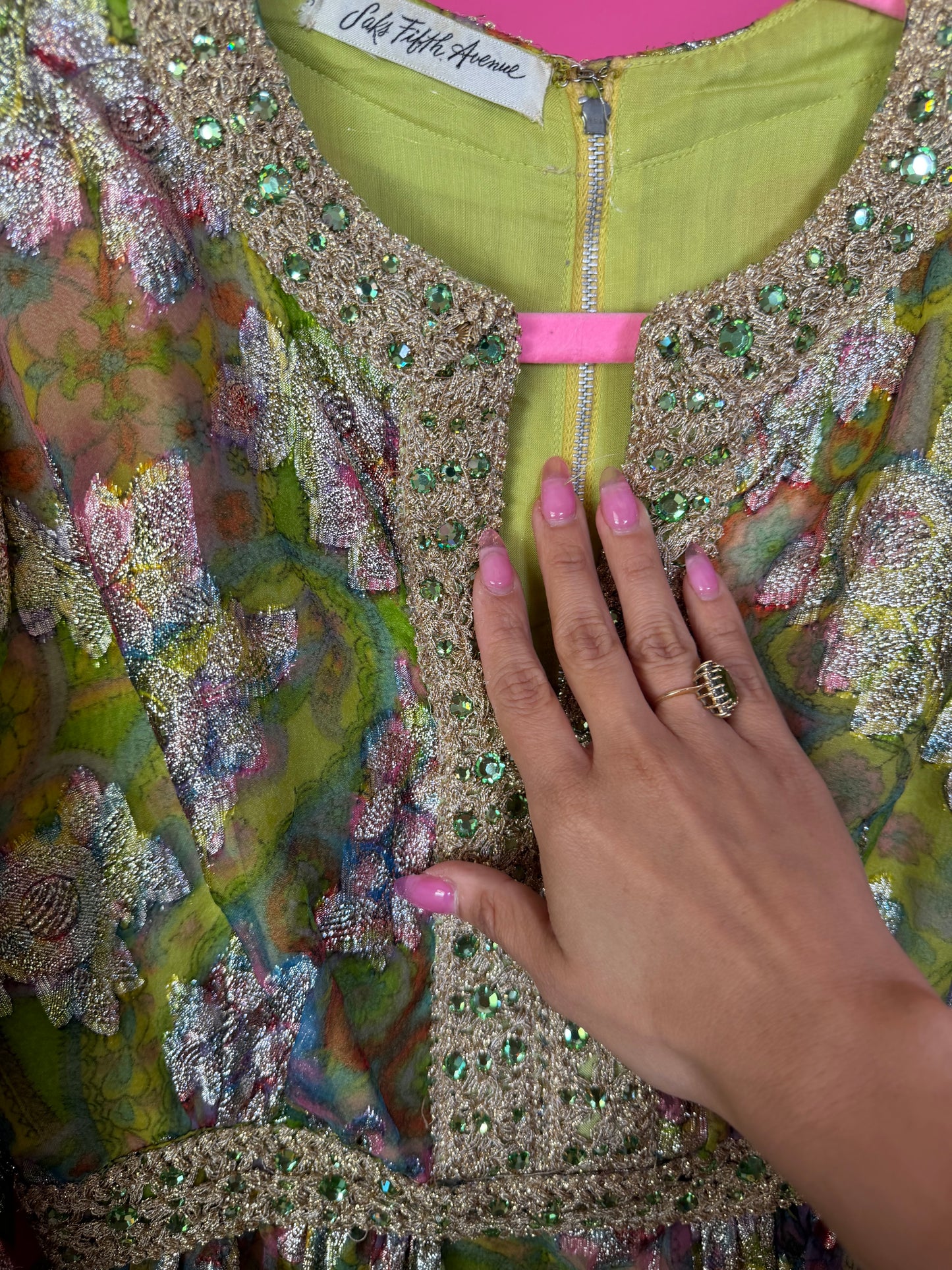 Vintage 60s Saks 5th Ave Chartreuse Rainbow & Gold Lame Cocktail Dress Fits XS-SM