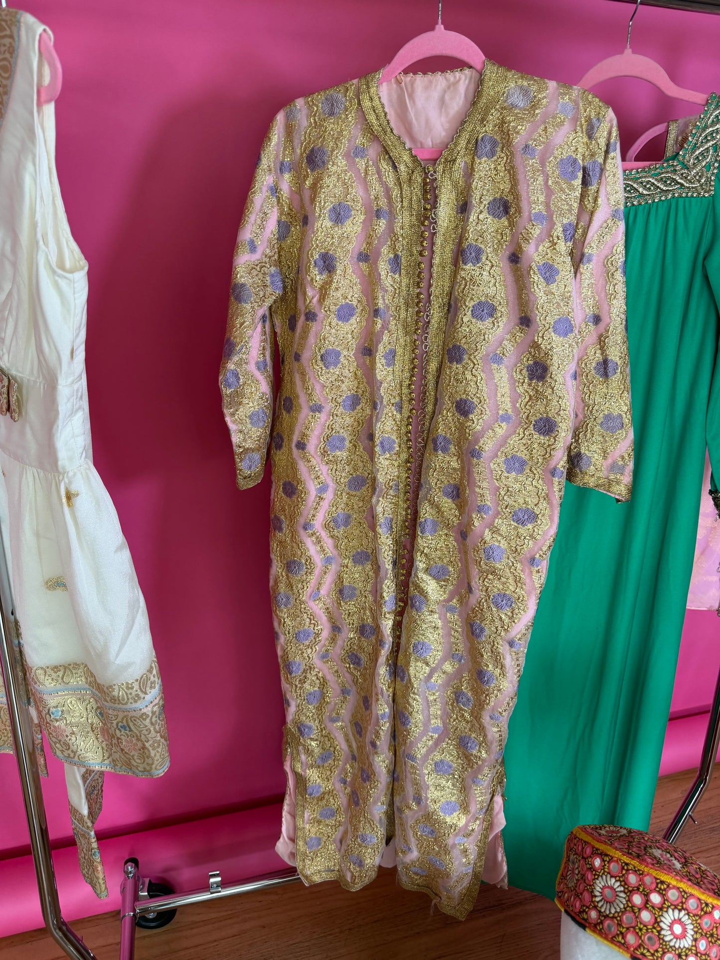 Vintage 60s Gold & Purple Floral Lame Kaftan Fits XS-M