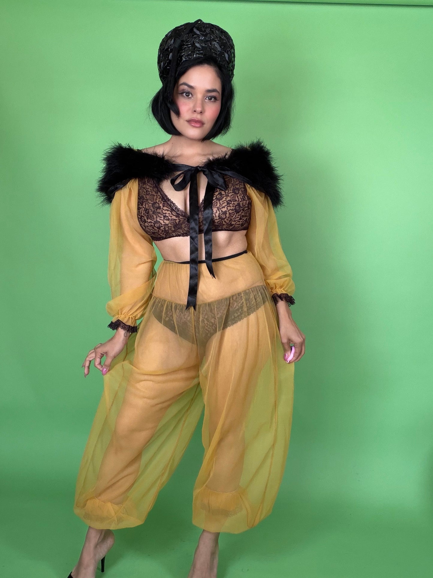 Vintage 60s Genie Mustard Sheer Chiffon Pant Set XS-M