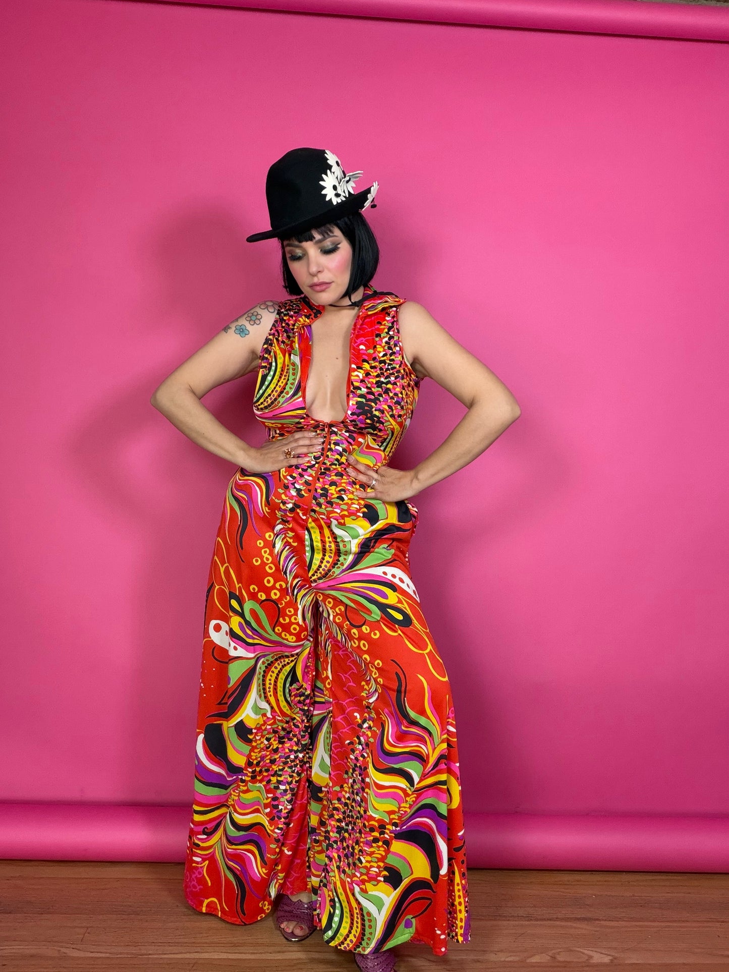 Vintage 60s Red Psychedelic Jumpsuit Fits XS-M