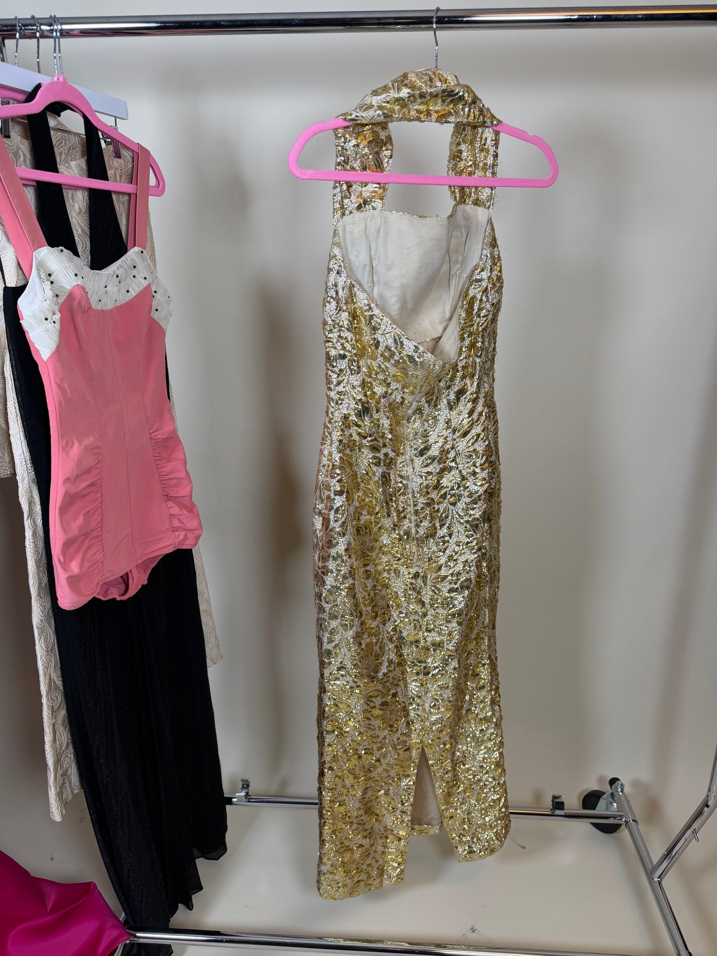 50s Vintage Gold Brocade Bombshell Halter Gown XS-SM