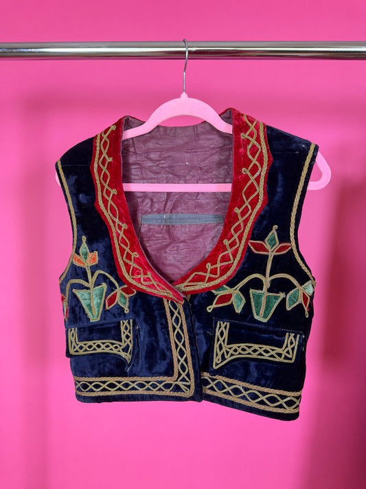 Vintage 60s Afghan Velvet Embroidered Vest Fits S-L