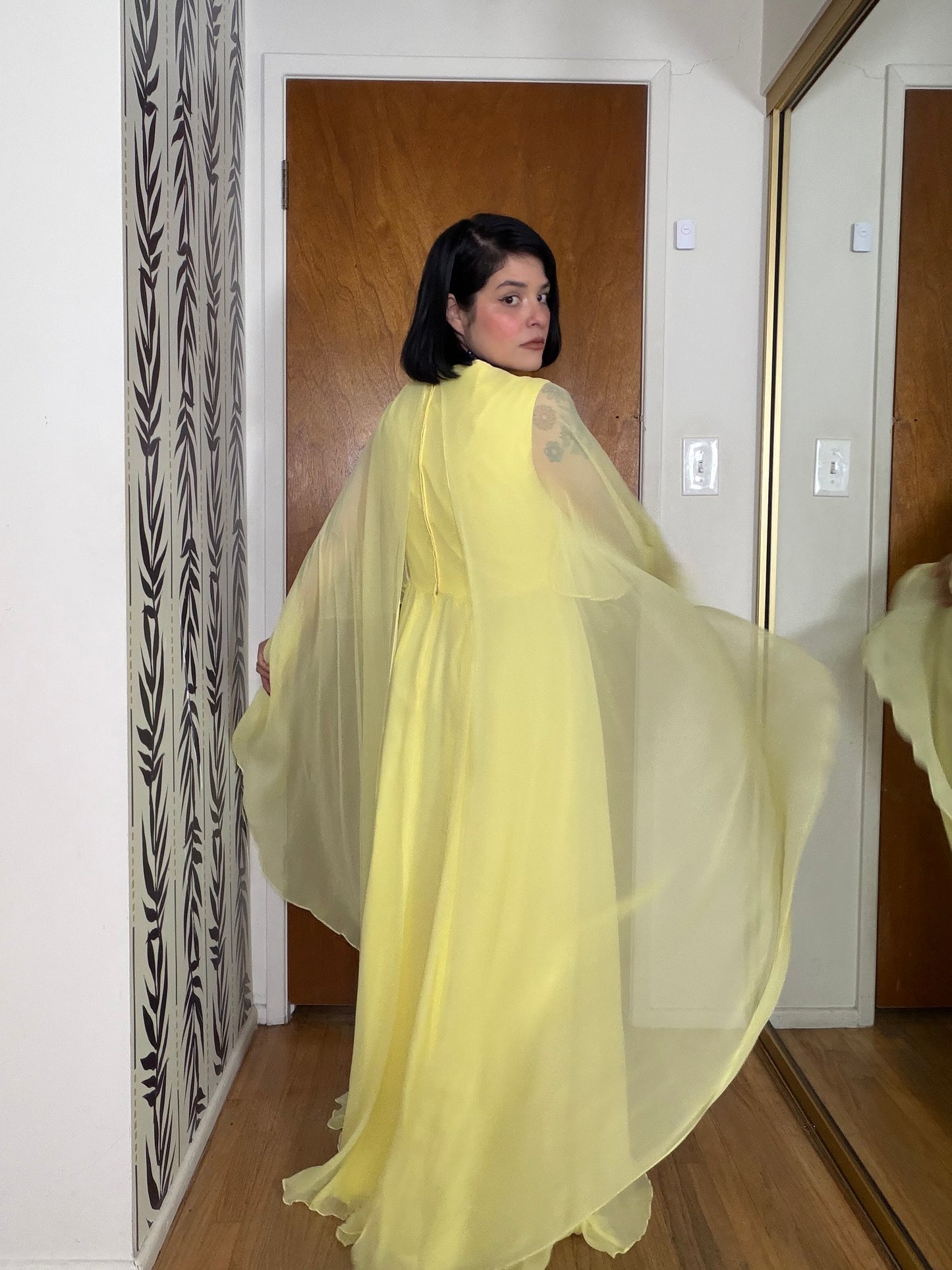 60s Vintage Ethereal Yellow Chiffon Cape Sleeve Gown Fits S-M