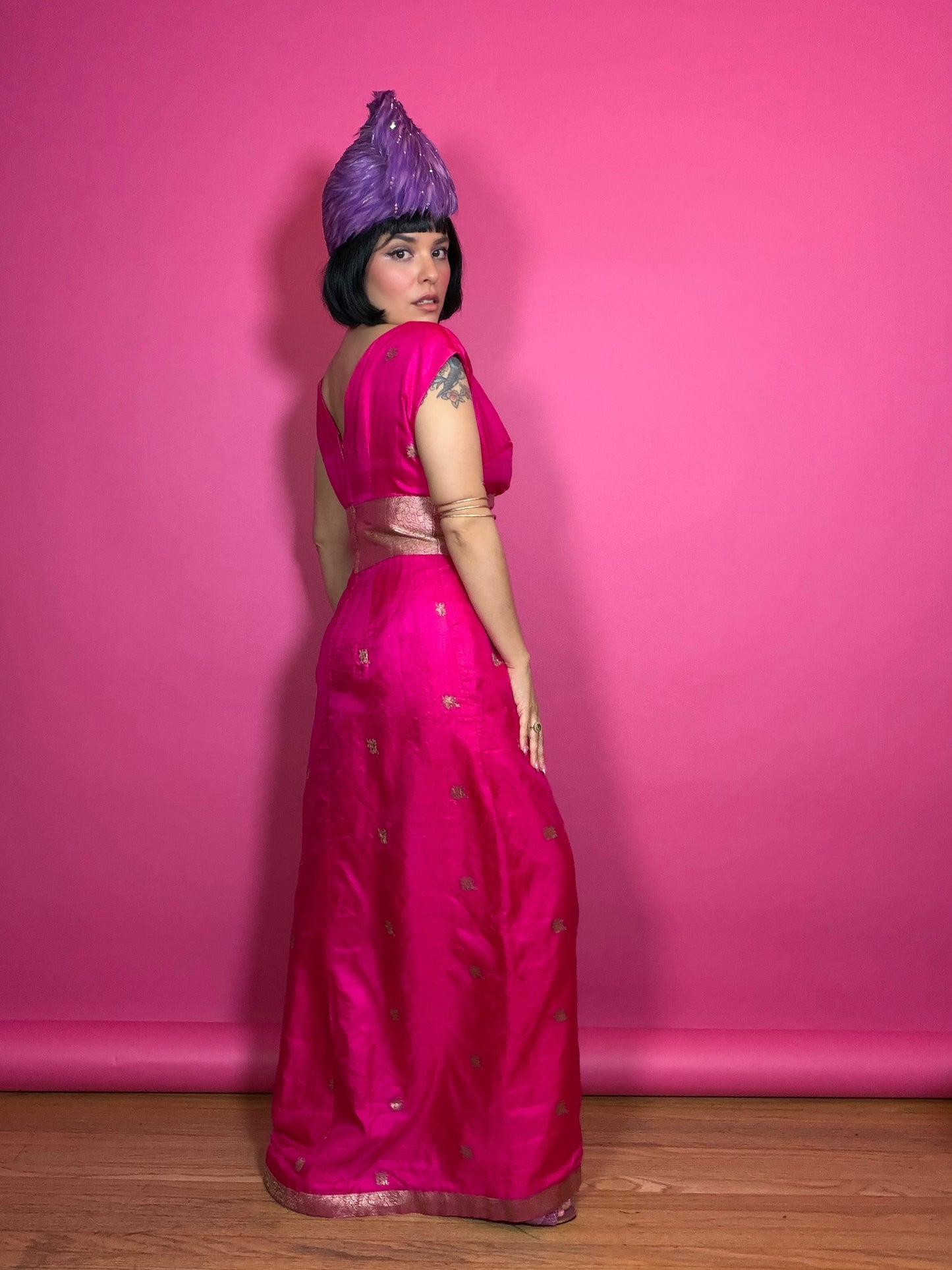 Vintage 60s Silk Fuchsia Pink & Gold Gown S-M