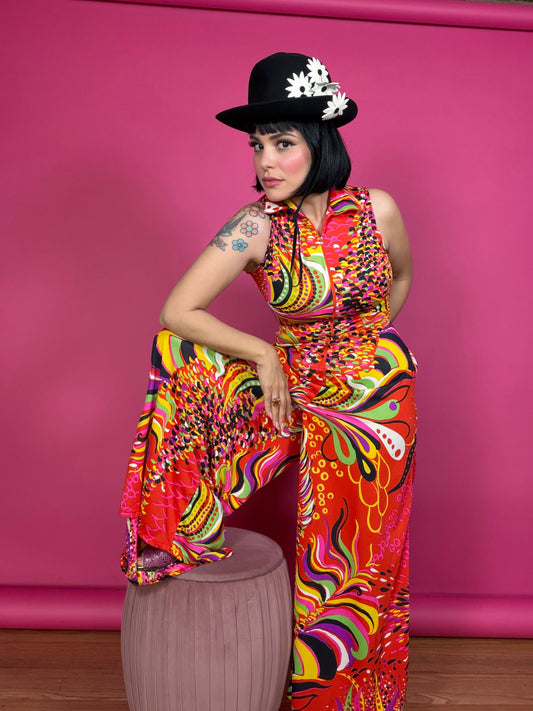 Vintage 60s Red Psychedelic Jumpsuit Fits XS-M