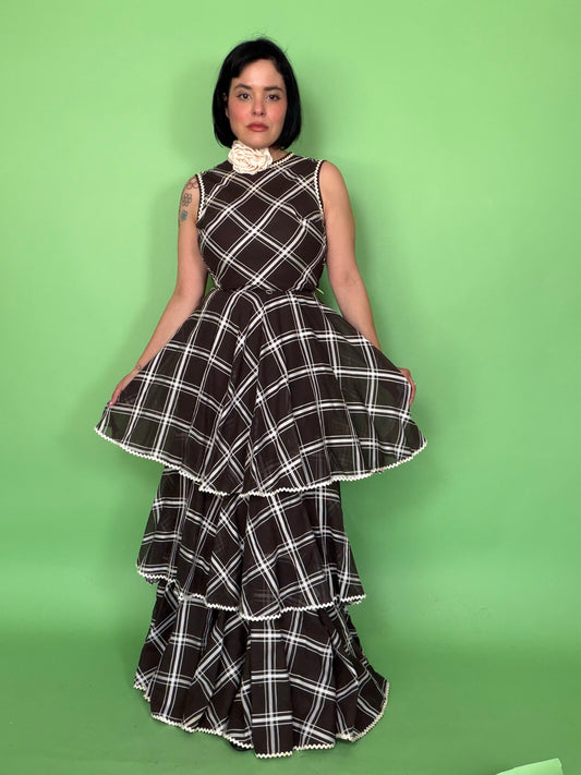 Vintage 60s Melissa Lane Chocolate & White Tiered Maxi Dress Fits XS-SM
