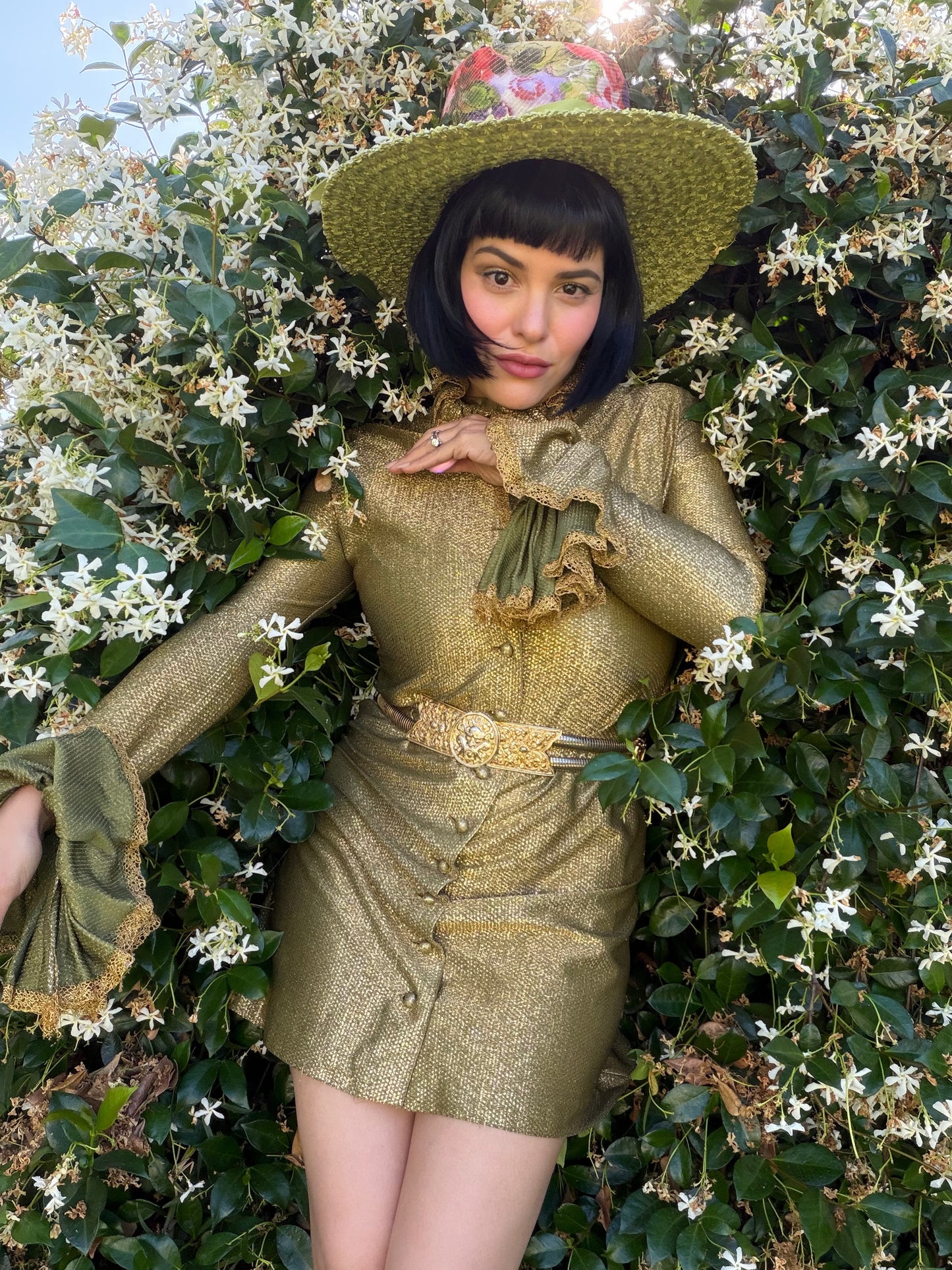 Vintage RARE 70s Betsey Johnson Paraphernalia Gold Metallic Bell Sleeve Mini Duster Dress XS-M