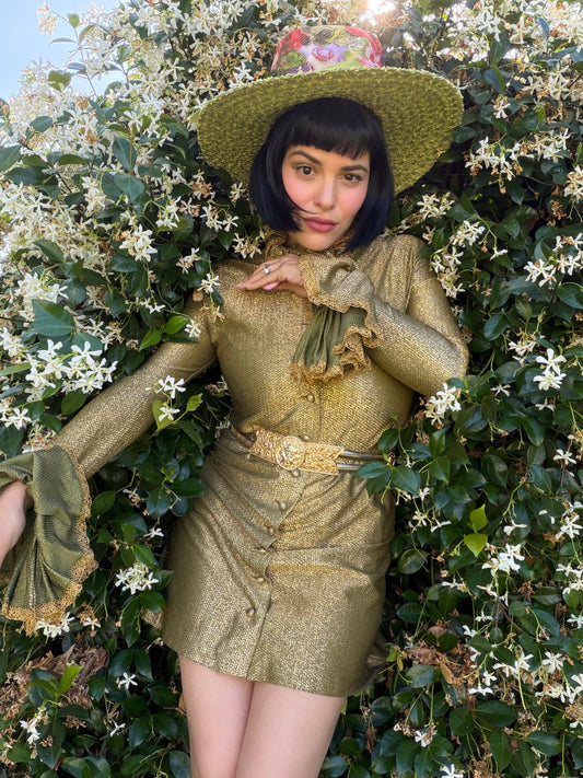Vintage RARE 70s Betsey Johnson Paraphernalia Gold Metallic Bell Sleeve Mini Duster Dress XS-M