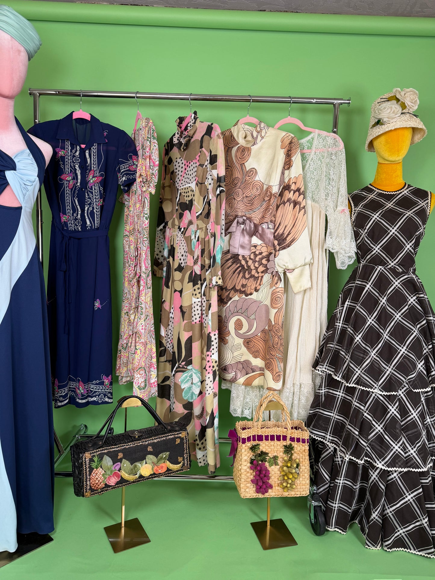 Vintage 60s Neutral Tone Psychedelic Maxi Dress XS-M