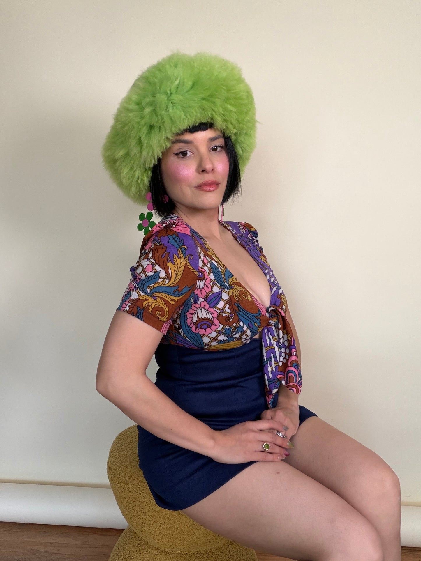 Vintage 60s Goldie Floral Psychedelic Tie-Front Romper with Keyhole Bust Fits XS-M