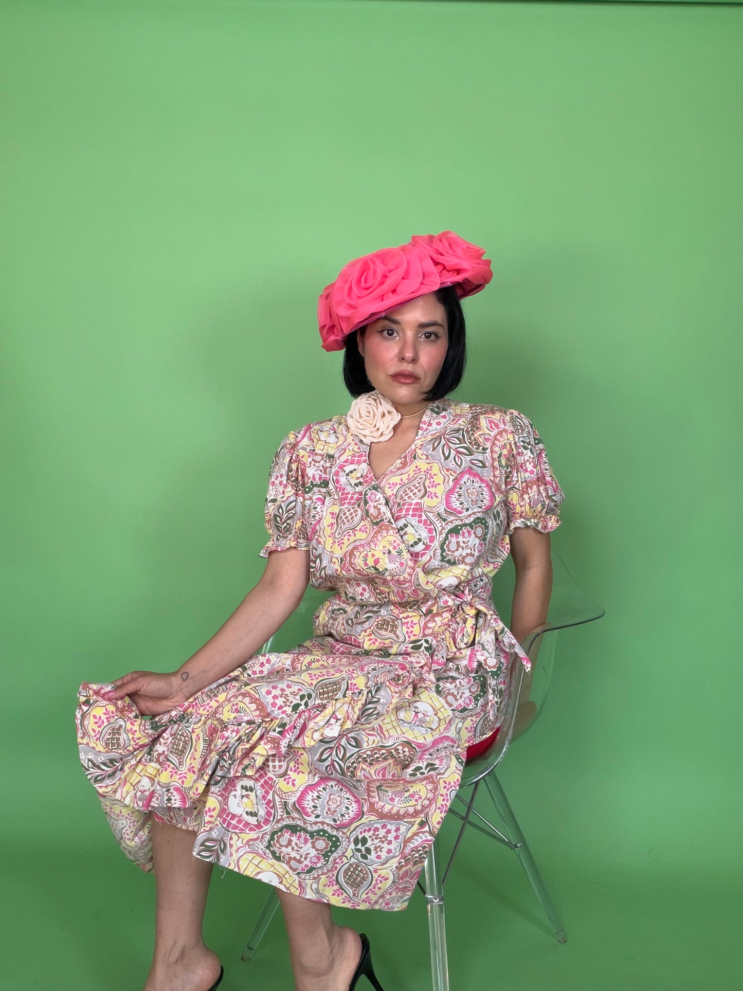 Vintage 40s Novelty Print Cotton Wrap Dress Modern Aire Fits S-L