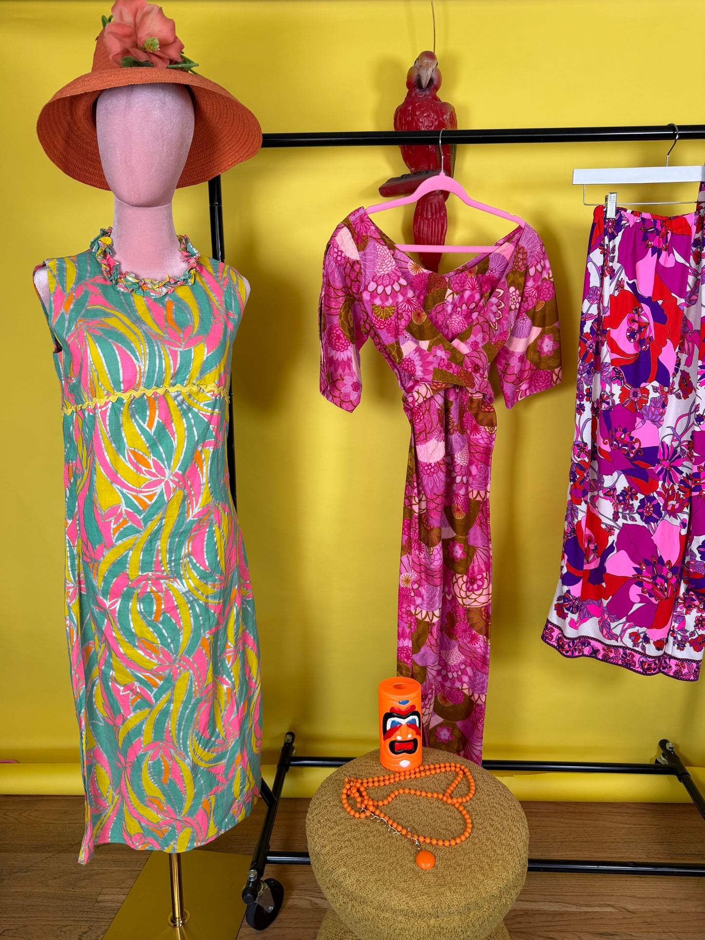 Vintage 60s Birds of Paradise DayGlo Metallic Maxi Dress Fits XS-SM