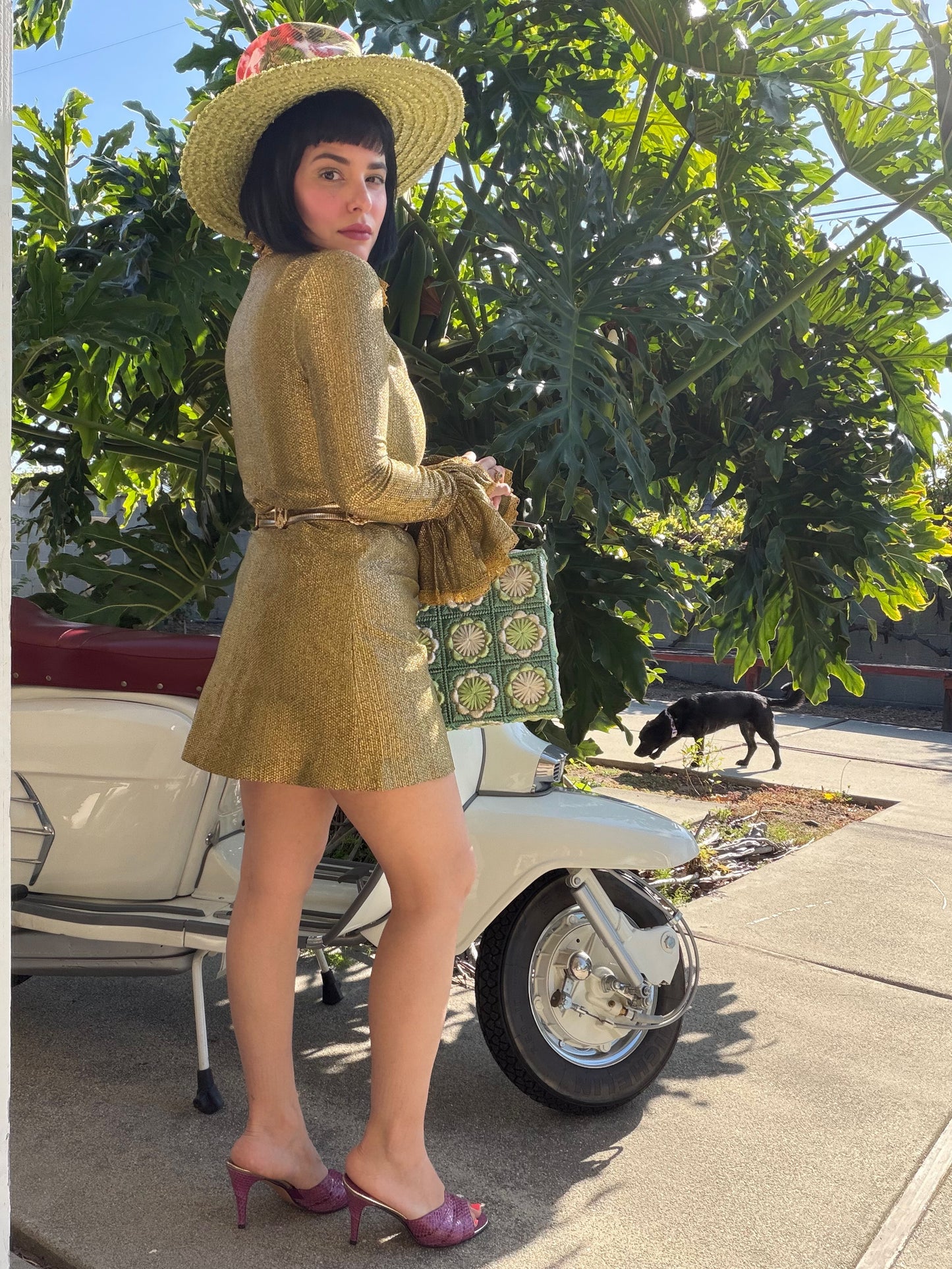 Vintage RARE 70s Betsey Johnson Paraphernalia Gold Metallic Bell Sleeve Mini Duster Dress XS-M