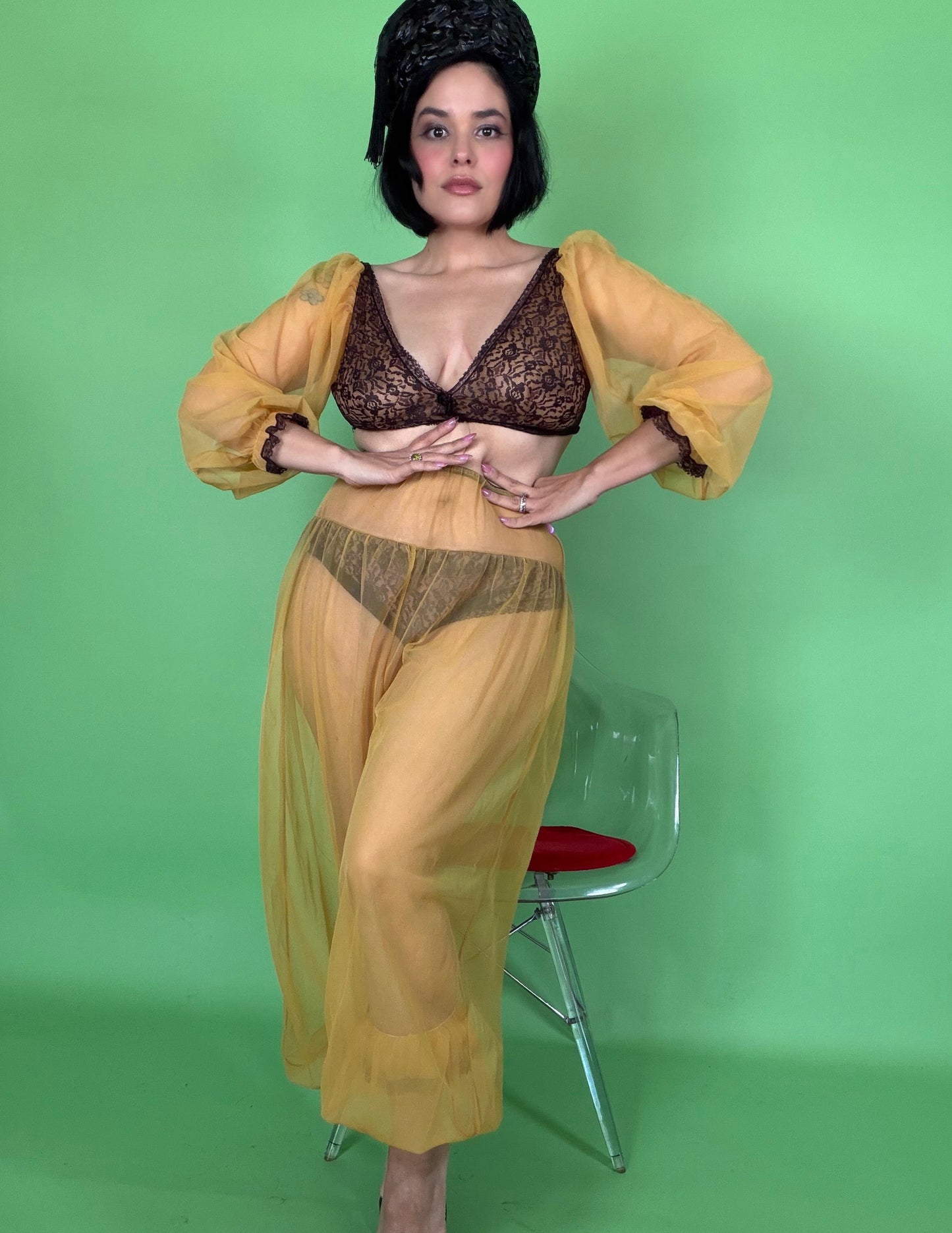 Vintage 60s Genie Mustard Sheer Chiffon Pant Set XS-M