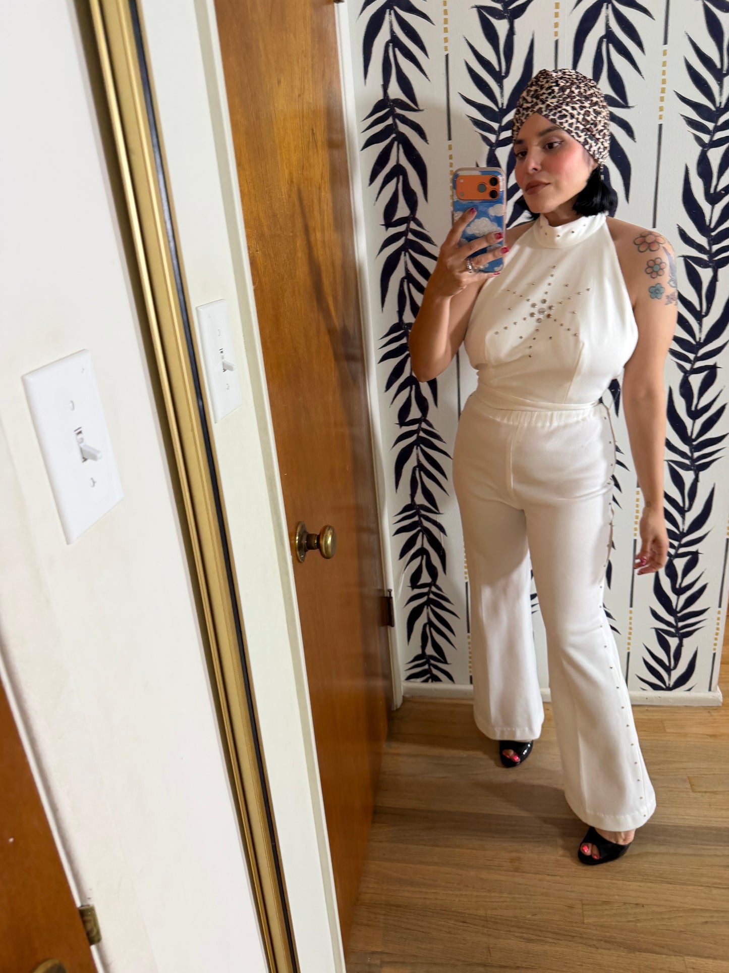 70s Vintage Disco White Halter Studded Pant Set XS-M