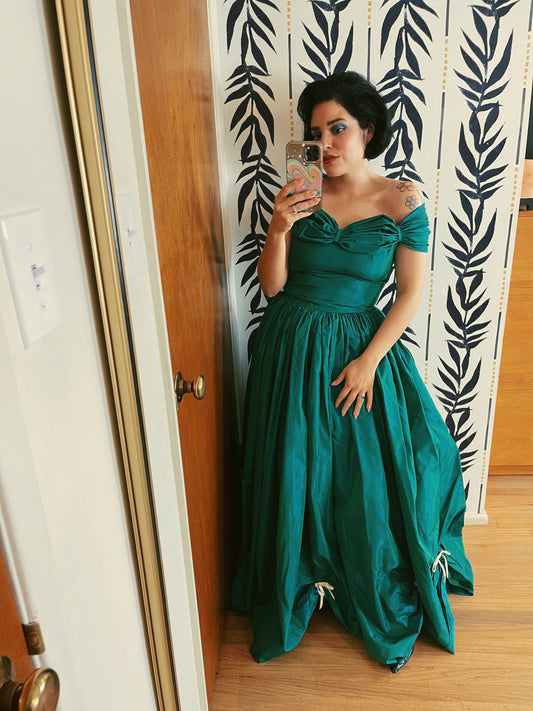 Vintage 50s / 60s Taffeta Emerald Green Blue Iridescent Draped Skirt Bow Gown Fits Sizes XS-SM