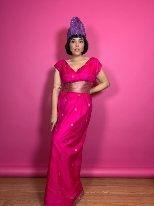 Vintage 60s Silk Fuchsia Pink & Gold Gown S-M