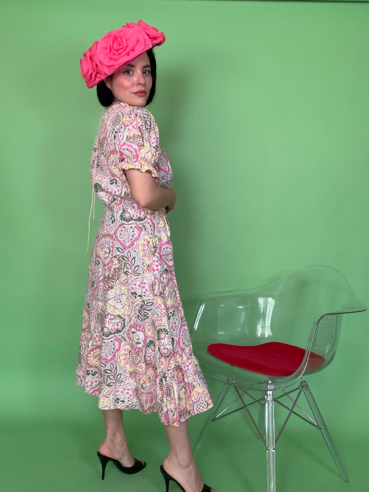 Vintage 40s Novelty Print Cotton Wrap Dress Modern Aire Fits S-L