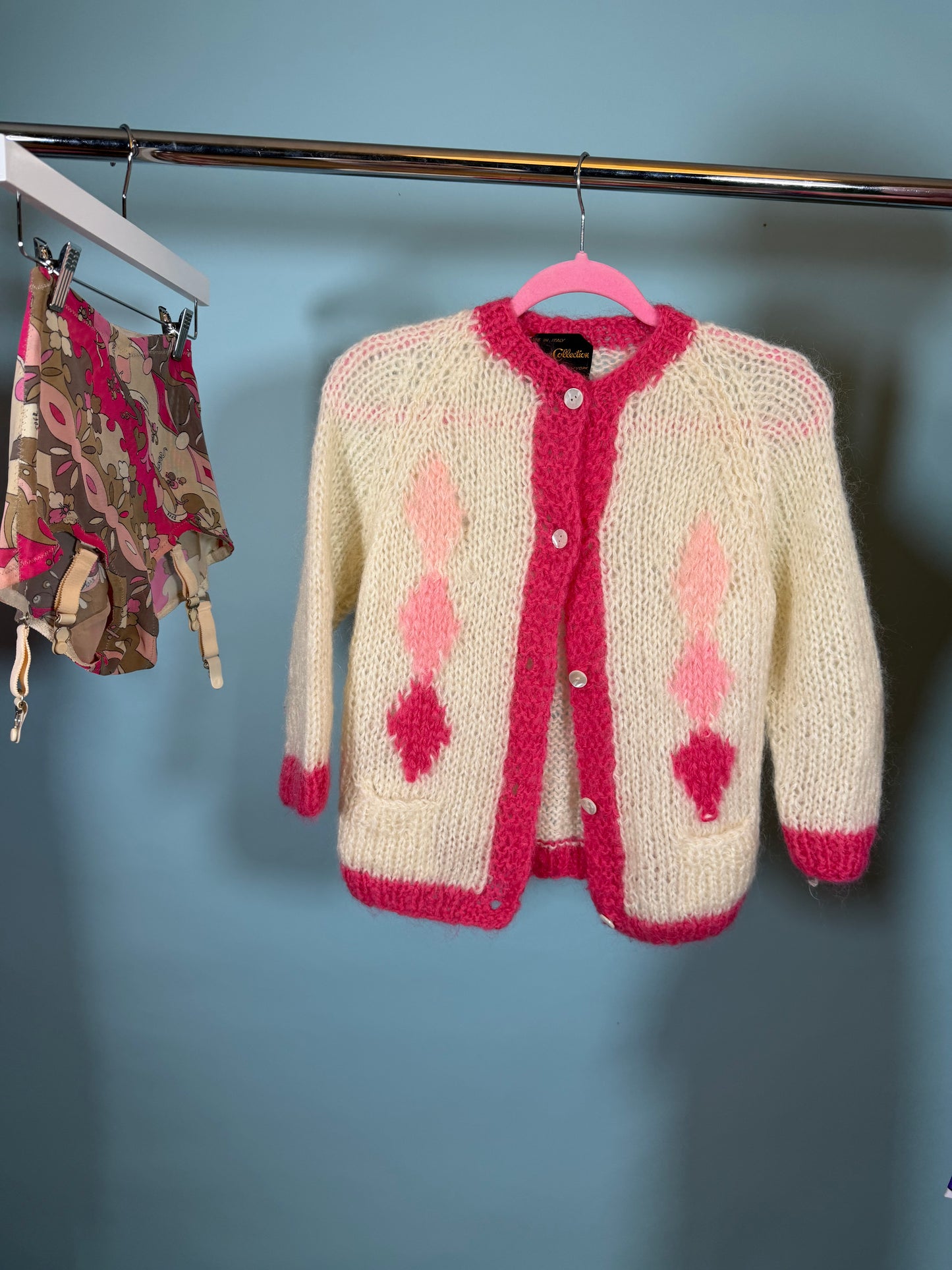 Vintage 1960s Mohair Cardigan Sweater – Pink & Cream Argyle Fits XS-M