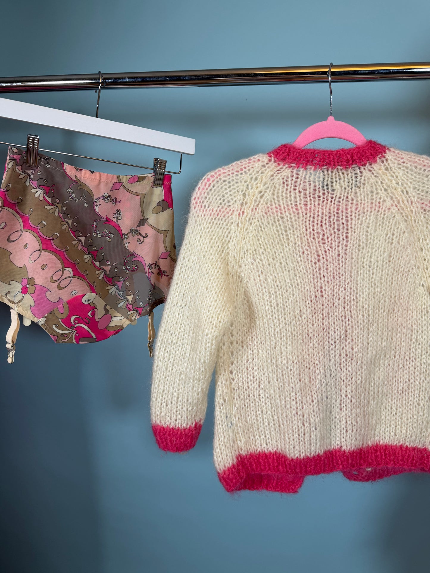 Vintage 1960s Mohair Cardigan Sweater – Pink & Cream Argyle Fits XS-M