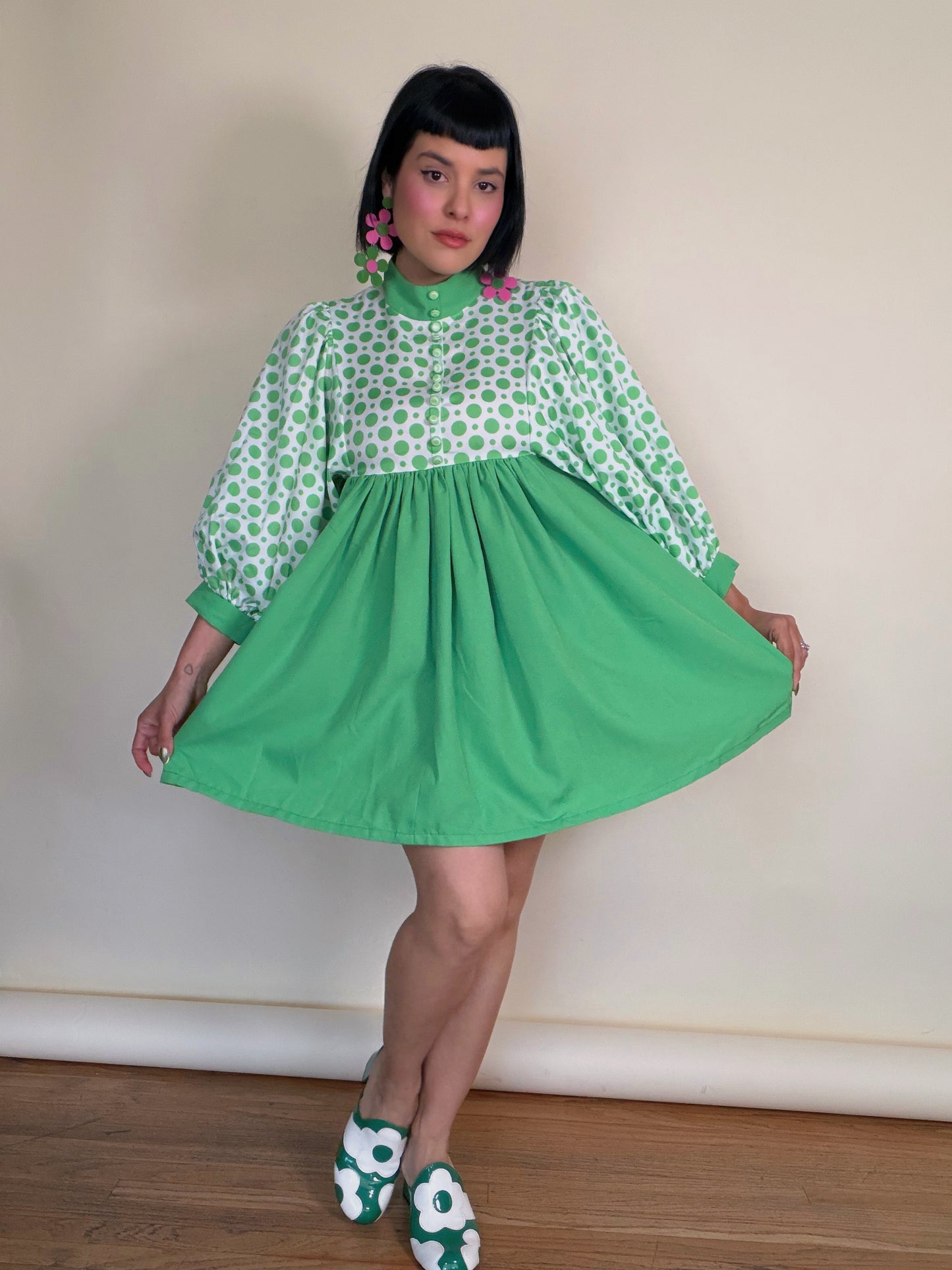 Vintage 60s Mod Balloon Sleeve Green Polkadot Babydoll Mini XS-M