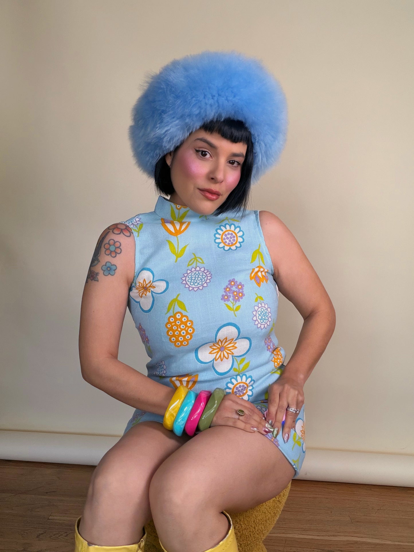 Vintage 60s Powder Blue Floral Mini Dress Fits XS-SM