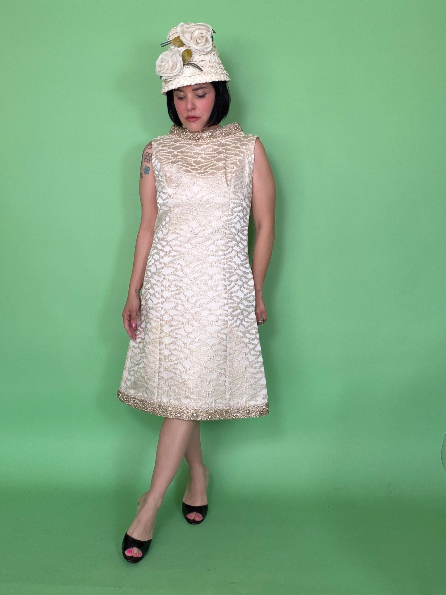 Vintage 60s Mod White Brocade Cocktail Dress by Bullock Whilshire fits S-M & possible size L
