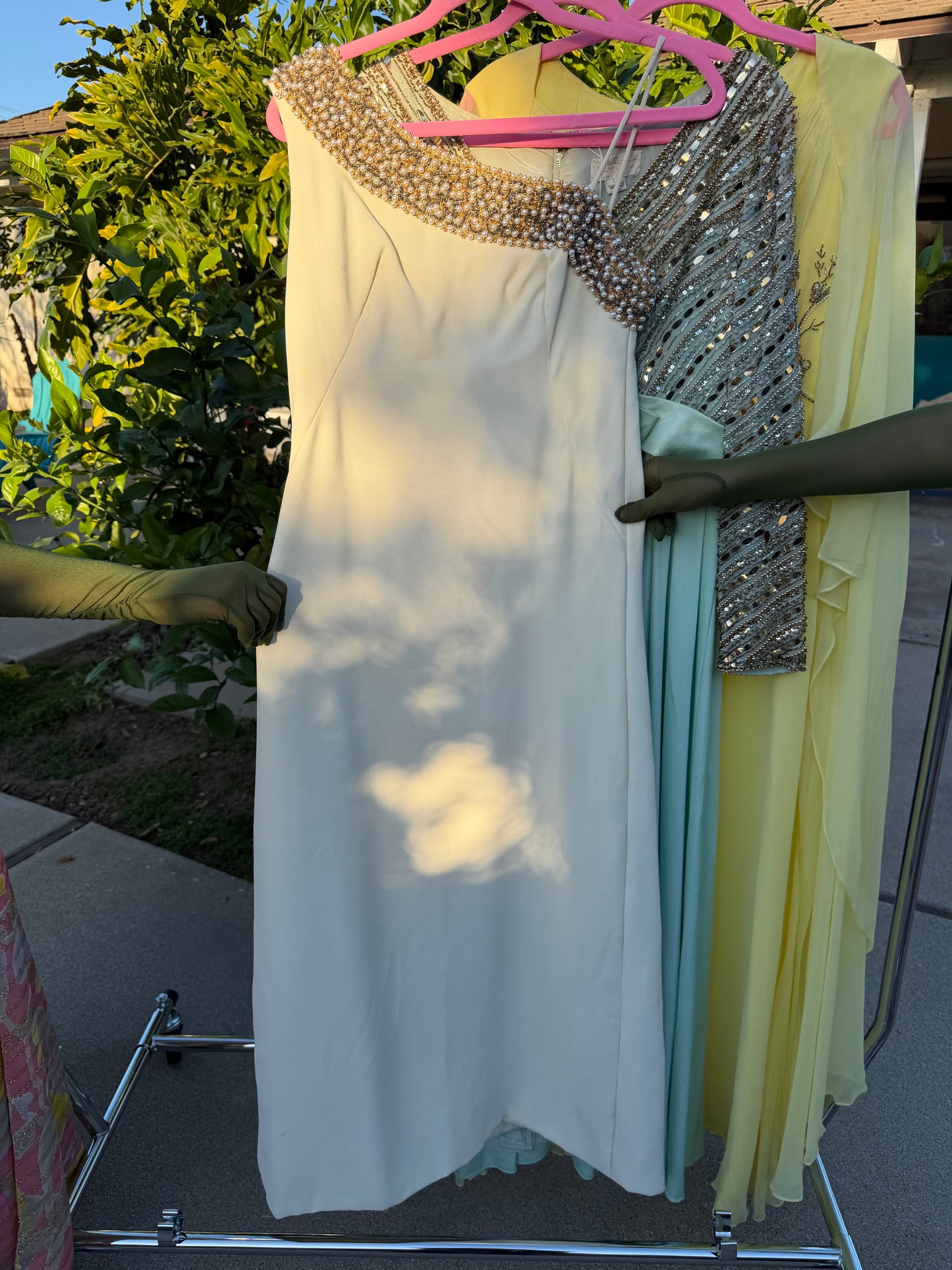 50s Vintage Emma Domb One Shoulder Embellished Pearl Beading Gown Fits XS-SM