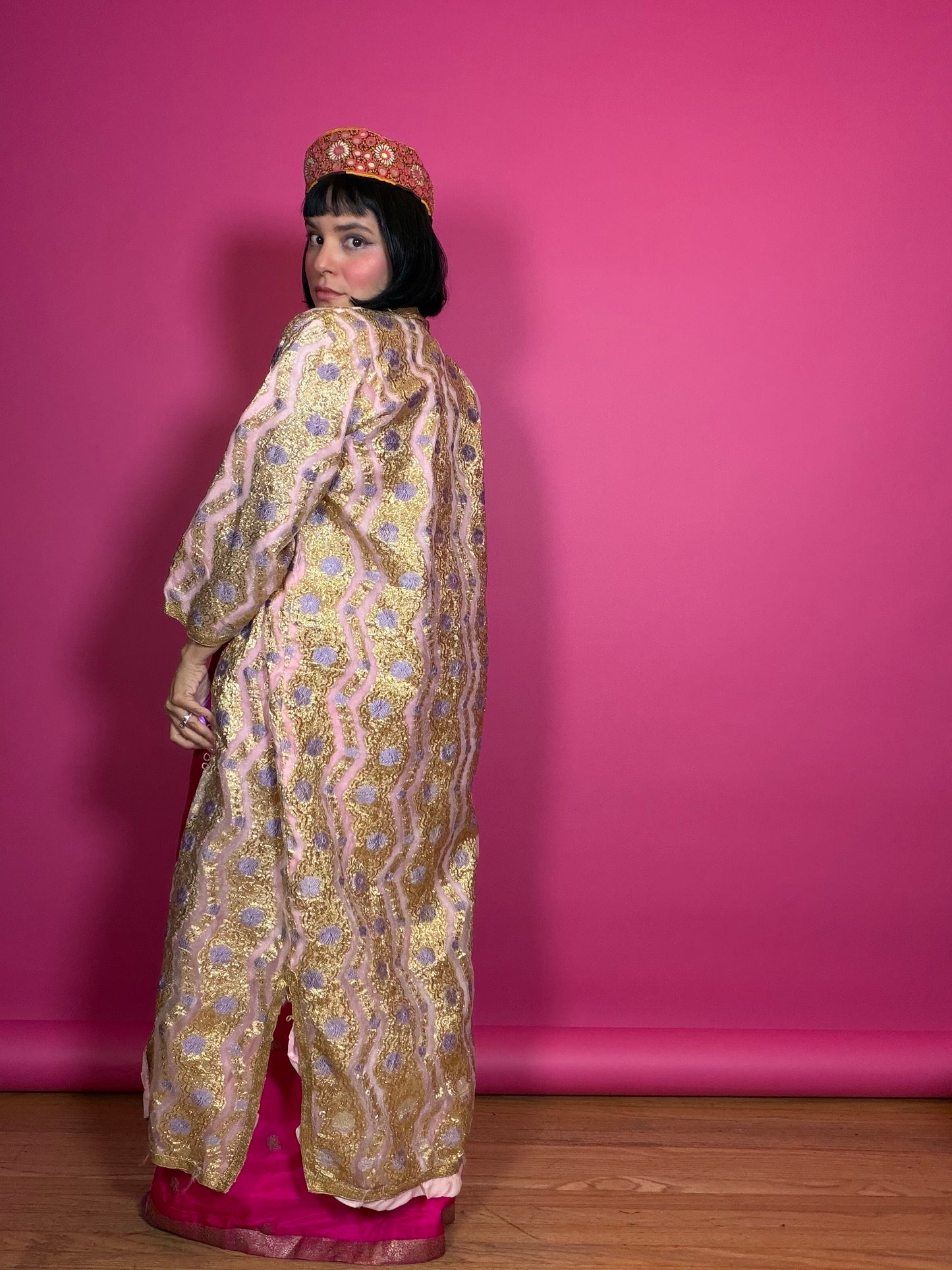 Vintage 60s Gold & Purple Floral Lame Kaftan Fits XS-M