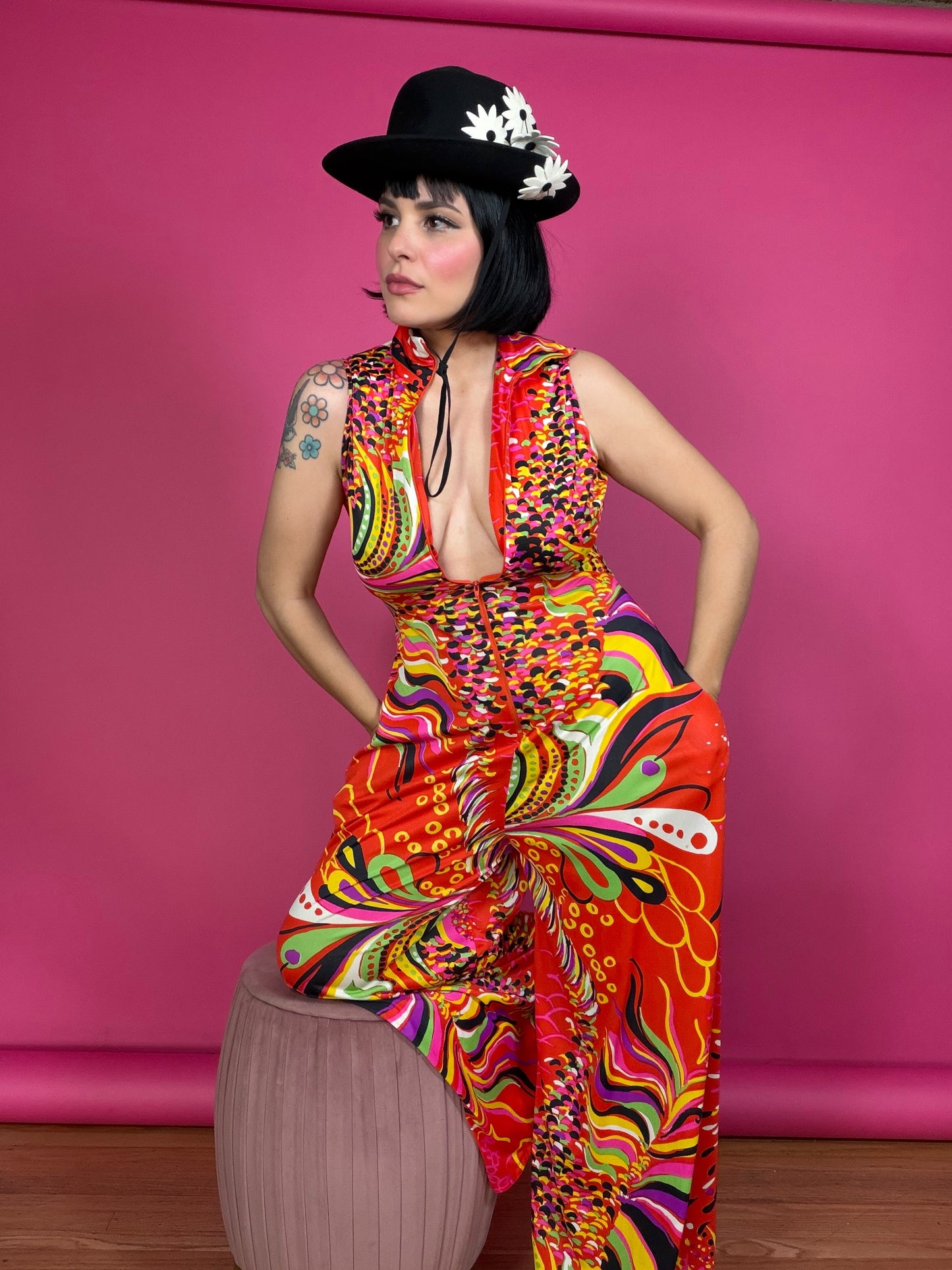 Vintage 60s Red Psychedelic Jumpsuit Fits XS-M