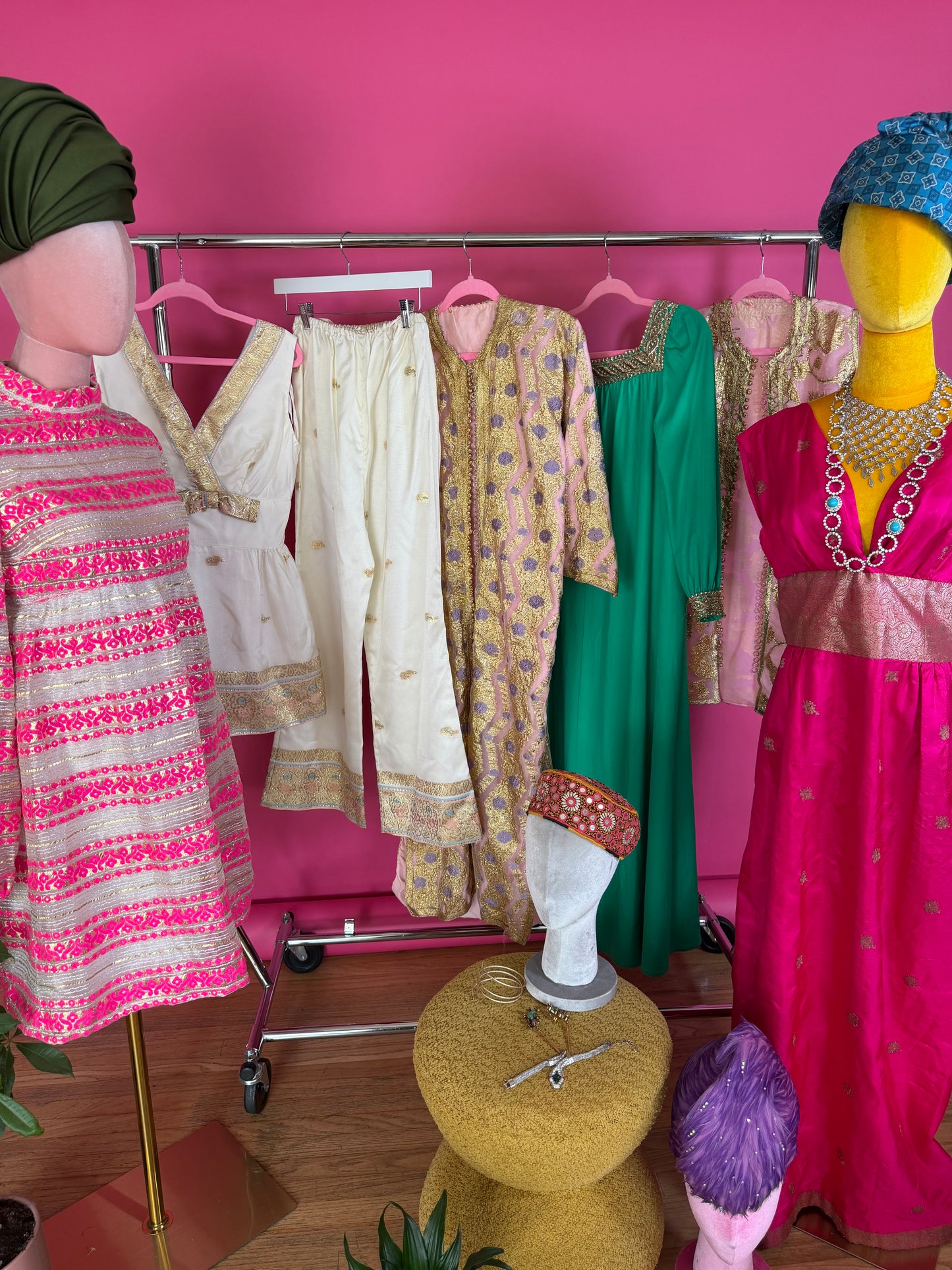 Vintage 60s Silk Fuchsia Pink & Gold Gown S-M