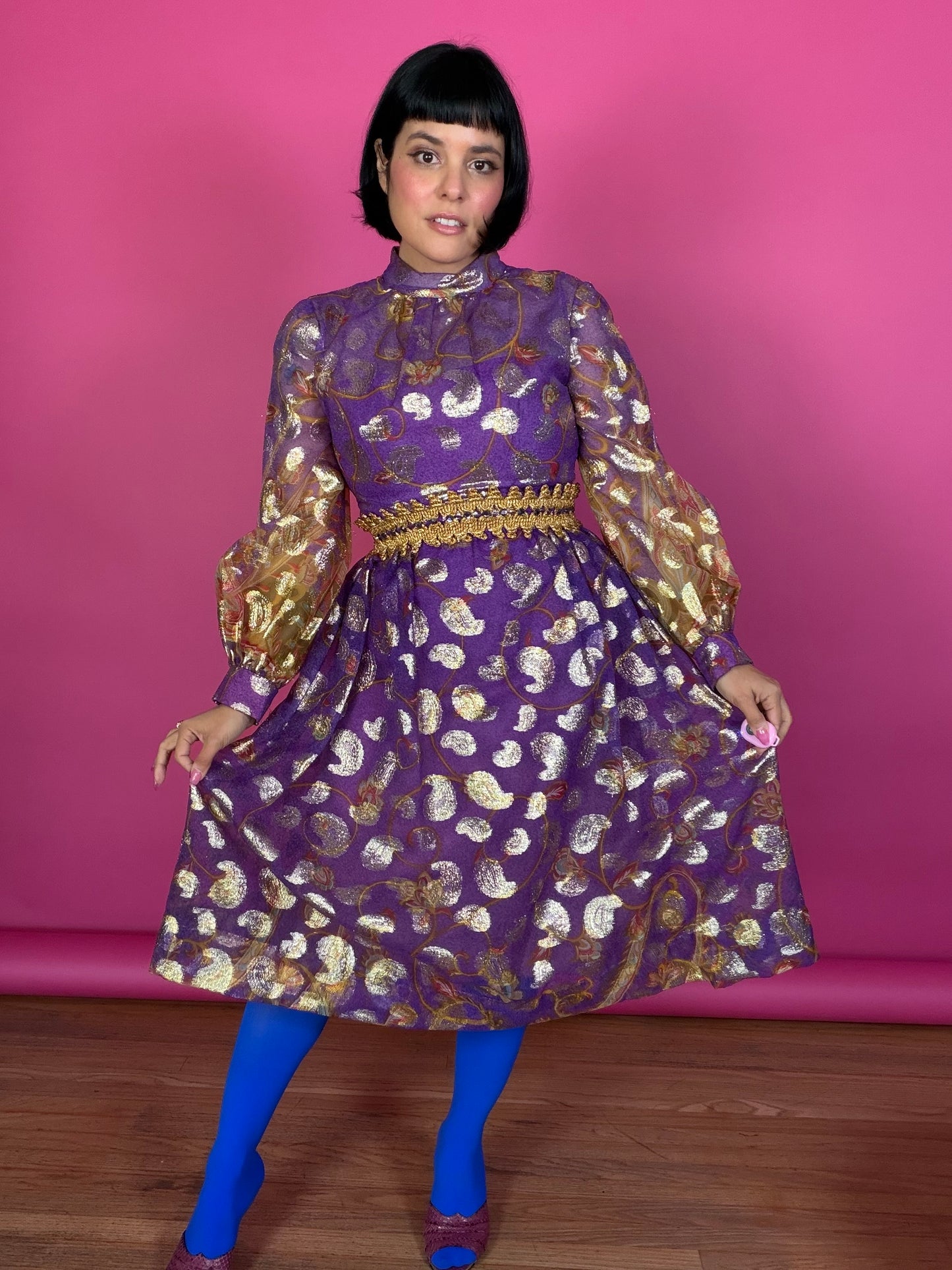 Vintage 60s Carrie Couture Purple & Gold Lame Cocktail Dress Fits XS-SM